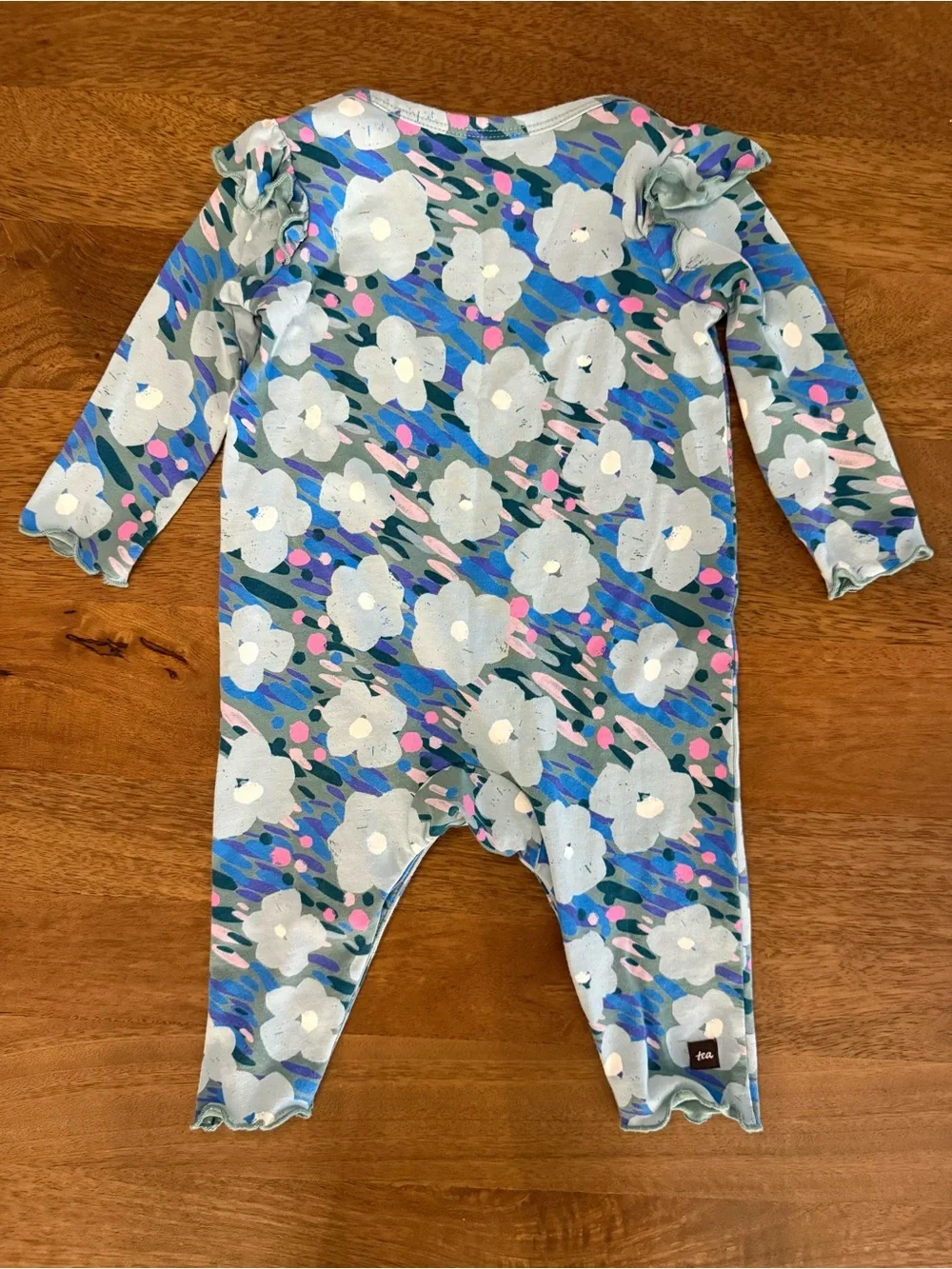 Tea Collection Blue Floral Long-Sleeve Romper with Pink Accents